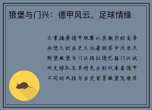 狼堡与门兴：德甲风云，足球情缘
