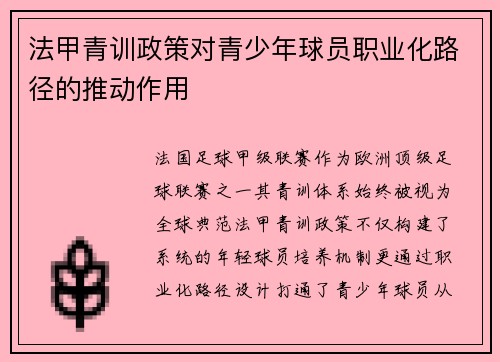 法甲青训政策对青少年球员职业化路径的推动作用